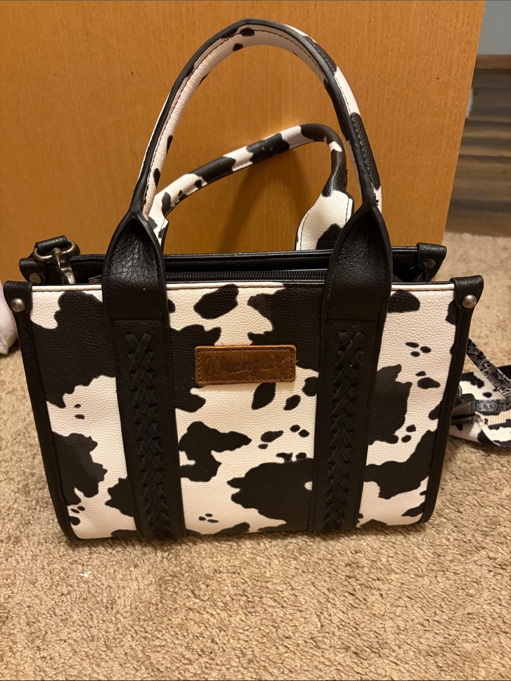 Wrangler Black and White Cow Print Satchel with Top Handles
